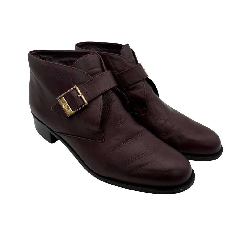 Vintage Etienne Aigner 10 M Burgundy Leather Monk Strap Ankle Boots Gold Buckle